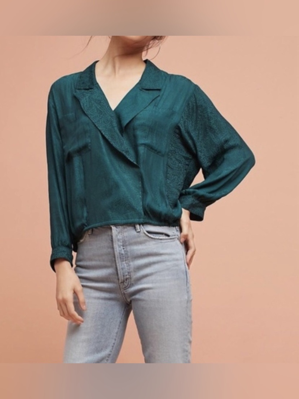 Maeve by Anthropologie Forest Green Paisley Surplice Neckline Blouse - Size XS